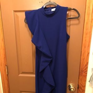 Navy blue ankle length dress with front ruffle